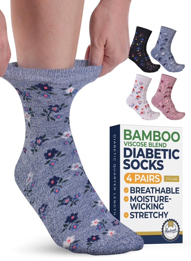 Pembrook Ankle Diabetic Socks for Women & Men - 4 Pairs Flowers, Moisture-Wicking Non Binding Socks Women, Neuropathy and Edema, Stretchy Wide Top - Image 1